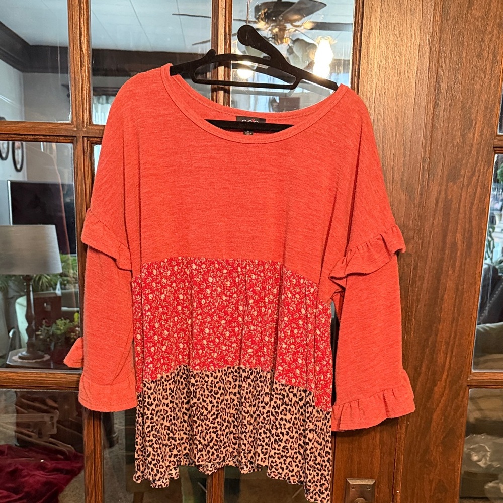 GiGio Womens Coral Mixed Media Babydoll Top Floral‎ Leopard Ruffle Sleeve Large
